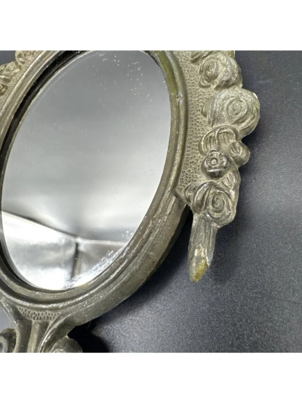 VTG 6” Ornate Gold Bronze Wall Hanging Mirror Set Floral Bow Rocco Gallery Italy